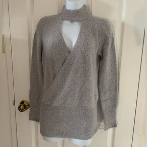 Light Heather Grey Le Chateau Keyhole Sweater with Faux Wrap-Around Size Small